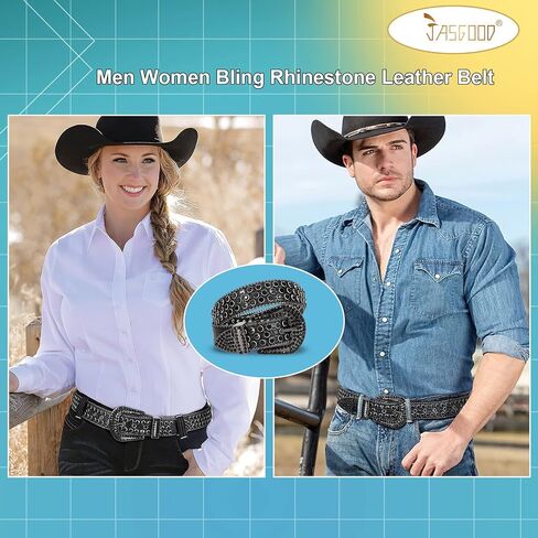 JASGOOD Men Women Rhinestone Belt Western Leather Belt Cowgirl Cowboy Bling Diamond Studded Leather Belt for Jeans Pants in Saudi Arabia