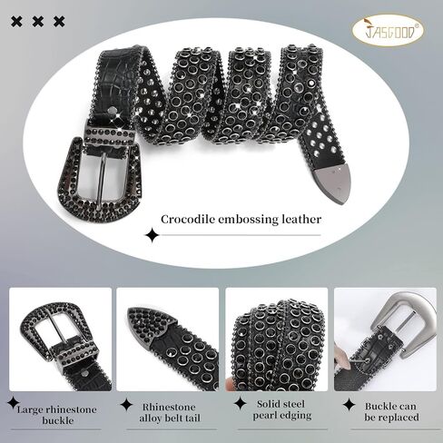 JASGOOD Men Women Rhinestone Belt Western Leather Belt Cowgirl Cowboy Bling Diamond Studded Leather Belt for Jeans Pants in Saudi Arabia