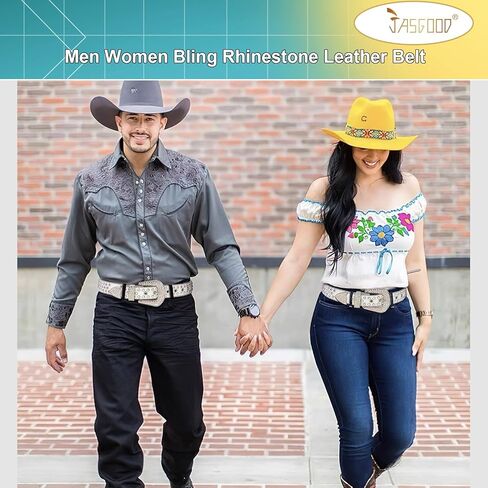 JASGOOD الرجال النساء حجر الراين حزام حزام جلد الغربية راعية البقر بلينغ الماس رصع حزام جلد لسراويل الجينز in Kuwait