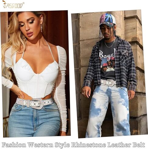 JASGOOD الرجال النساء حجر الراين حزام حزام جلد الغربية راعية البقر بلينغ الماس رصع حزام جلد لسراويل الجينز in Kuwait