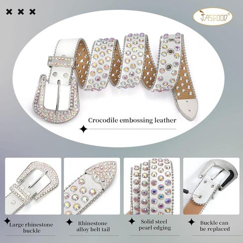 JASGOOD الرجال النساء حجر الراين حزام حزام جلد الغربية راعية البقر بلينغ الماس رصع حزام جلد لسراويل الجينز in Kuwait