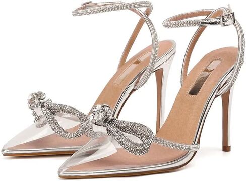 Bieosnli Women's Satin Lace Up High Heel Sandals Ankle Buckle Straps Pump Rhinestone Strip Bowknot Pointed Toe Stiletto Sandals in Saudi Arabia