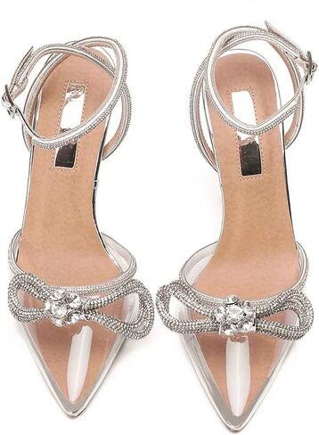 Bieosnli Women's Satin Lace Up High Heel Sandals Ankle Buckle Straps Pump Rhinestone Strip Bowknot Pointed Toe Stiletto Sandals in Saudi Arabia
