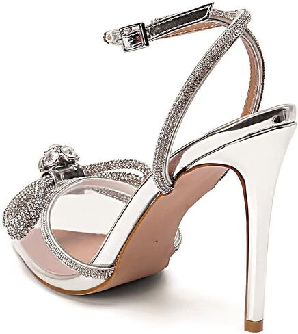 Bieosnli Women's Satin Lace Up High Heel Sandals Ankle Buckle Straps Pump Rhinestone Strip Bowknot Pointed Toe Stiletto Sandals in Saudi Arabia