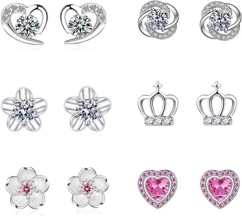 GUROTD 6 أزواج من الأقراط الفضية الاسترلينية للنساء والفتيات 925 أقراط فضية صغيرة على شكل زهرة قلب على شكل فراشة أقراط هيبوالرجينيك مكعب زركونيا الماس مجموعة أقراط مرصعة in Kuwait