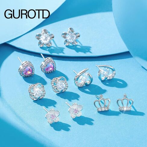 GUROTD 6 أزواج من الأقراط الفضية الاسترلينية للنساء والفتيات 925 أقراط فضية صغيرة على شكل زهرة قلب على شكل فراشة أقراط هيبوالرجينيك مكعب زركونيا الماس مجموعة أقراط مرصعة in Kuwait