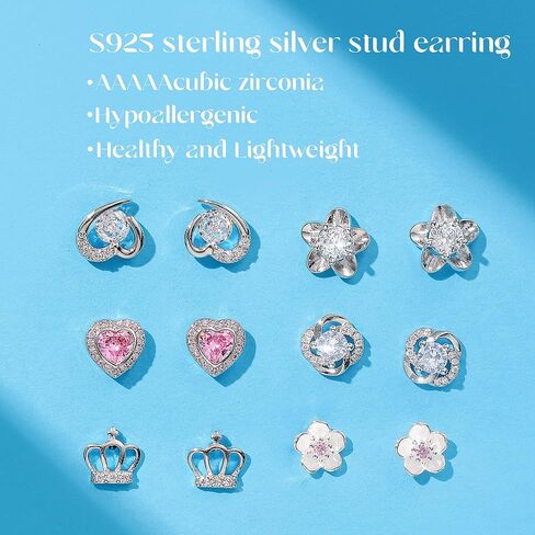GUROTD 6 أزواج من الأقراط الفضية الاسترلينية للنساء والفتيات 925 أقراط فضية صغيرة على شكل زهرة قلب على شكل فراشة أقراط هيبوالرجينيك مكعب زركونيا الماس مجموعة أقراط مرصعة in Kuwait