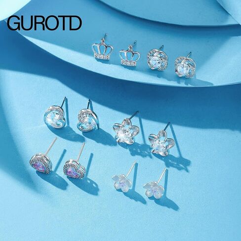 GUROTD 6 أزواج من الأقراط الفضية الاسترلينية للنساء والفتيات 925 أقراط فضية صغيرة على شكل زهرة قلب على شكل فراشة أقراط هيبوالرجينيك مكعب زركونيا الماس مجموعة أقراط مرصعة in Kuwait