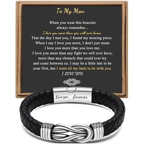 Gift for Men Black Braided Leather Infinity Bracelet for Men Dad Husband Boyfriend Son Grandson Brother Nephew Uncle Forever Linked Together Stainless Steel Engraved with Love You Forever Jewelry 7.5|8.5|9 Inches