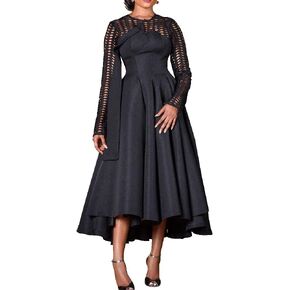 VERWIN Long Sleeve Hollow Mid-Calf Round Neck Plain Women's Dress Maxi Dress Party Dress in Kuwait