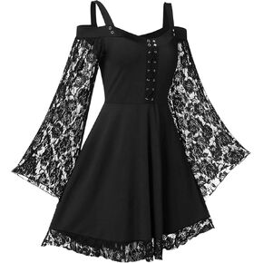 Renaissance Gothic Dress for Women Off Shoulder Lace Trumpet Sleeve Dresses Medieval Steampunk Dress Halloween Costume