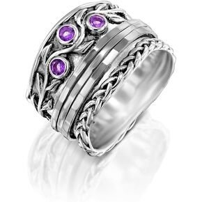 Paz Creations 925 Sterling Silver Spinner Rings for Women With Natural Gemstones - Hammered Pattern Thick Band - Handcrafted Artisan Jewelry - Fidget Rings - Gift For Her in Kuwait