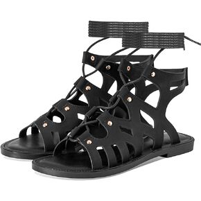 Kalstage Flat Sandals for Women Retro Cutout Open Toe Ankle-Wrap Studded Gladiator Sandals Summer Lace Up Beach Roman Sandals in Kuwait