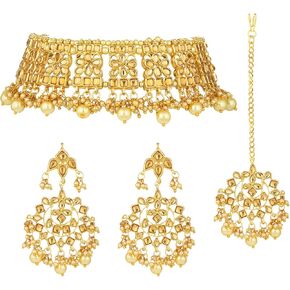 مجموعة مجوهرات كوندان تقليدية مطلية بالذهب الهندي من I Jewels بتصميم بوليوود العرقي مع أقراط ومانغ تيكا للنساء in Kuwait