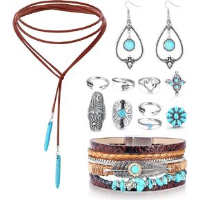 Sanfenly Bohemian Turquoise Jewelry for Women Western Jewelry Pendant Suede Long Choker Necklace Vintage Turquoise Statement Dangle Earrings Boho Leather Cuff Bracelet with Stackable Knuckle Rings Set for Women