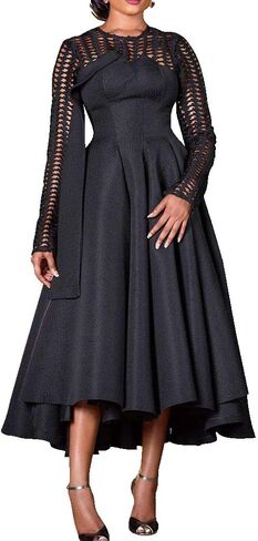 VERWIN Long Sleeve Hollow Mid-Calf Round Neck Plain Women's Dress Maxi Dress Party Dress in Saudi Arabia