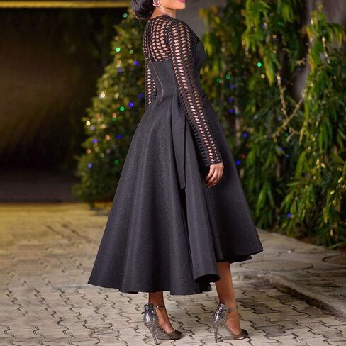 VERWIN Long Sleeve Hollow Mid-Calf Round Neck Plain Women's Dress Maxi Dress Party Dress in Saudi Arabia