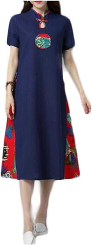Panda Legends Ethnic Style Retro Women's Cotton Linen Dress Chinese Style Improved Cheongsam Shirt Dress A-line in Saudi Arabia