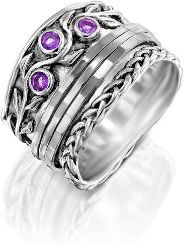 Paz Creations 925 Sterling Silver Spinner Rings for Women With Natural Gemstones - Hammered Pattern Thick Band - Handcrafted Artisan Jewelry - Fidget Rings - Gift For Her in Kuwait
