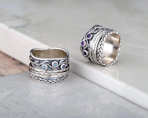 Paz Creations 925 Sterling Silver Spinner Rings for Women With Natural Gemstones - Hammered Pattern Thick Band - Handcrafted Artisan Jewelry - Fidget Rings - Gift For Her in Kuwait