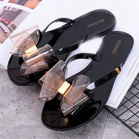 MIOKE Women's Bow Studded Jelly Flipflops Sandals Summer Slip On Comfort Flat Beach Jellies Thong Slipper in Kuwait