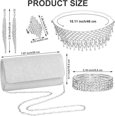 Hiwooii 5 Pieces Sliver Women Rhinestone Crystal Jewelry Set Includes Rhinestone Choker Necklace Clutch Purse Bracelet Ring Dangle Fringe Earrings for Wedding Christmas Party in Kuwait