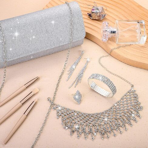 Hiwooii 5 Pieces Sliver Women Rhinestone Crystal Jewelry Set Includes Rhinestone Choker Necklace Clutch Purse Bracelet Ring Dangle Fringe Earrings for Wedding Christmas Party in Kuwait