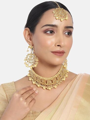 I Jewels Indian Gold Plated Traditional Kundan Choker Ethnic Bollywood Designer Jewelry Set with Earrings & Maang Tikka For Women in Kuwait