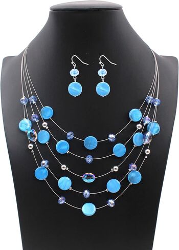 Jules D. Multi Layered Shell Illusion Necklace Earring Set Colorful Chunky Beads Necklace for Women Gifts in Saudi Arabia