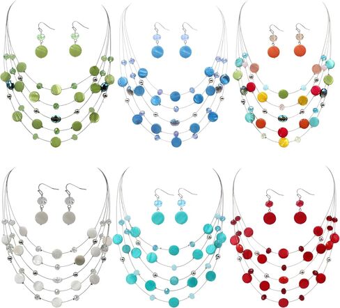 Jules D. Multi Layered Shell Illusion Necklace Earring Set Colorful Chunky Beads Necklace for Women Gifts in Saudi Arabia