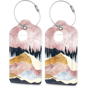 Art Mountains Luggage Tags 2PCS PU Leather Suitcases Tag with Stainless Steel Loop and Privacy Name Address Cover Label Card for Women Men Travel in Saudi Arabia
