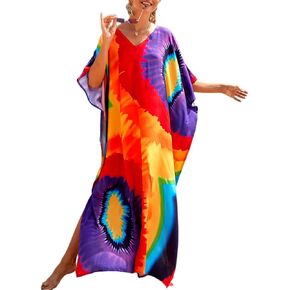 Eddoyee V Neck Print Kaftan Swimsuit Cover Ups for Women Plus Size Beach Caftan Dress Casual Loungewear