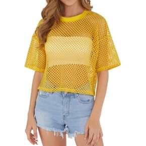 CLOZOZ Women's Mesh Cover Up See Through Fishnet T-Shirt Crop Top
