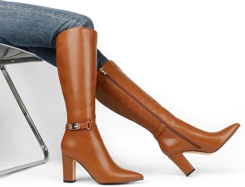 Women's High Block Heel Wrinkled Slouchy Zipper Knee High Boots in Saudi Arabia