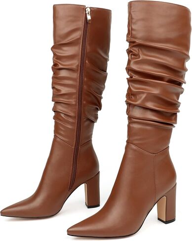 Women's High Block Heel Wrinkled Slouchy Zipper Knee High Boots in Saudi Arabia
