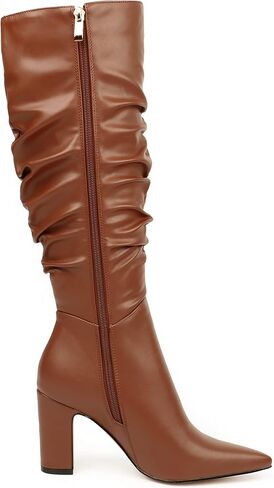 Women's High Block Heel Wrinkled Slouchy Zipper Knee High Boots in Saudi Arabia