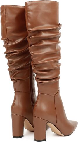 Women's High Block Heel Wrinkled Slouchy Zipper Knee High Boots in Saudi Arabia