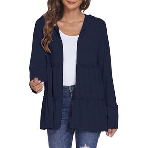 DEESHA Full Zip Up Hoodie for Women Pleated Tiered Ruffle Hooded Sweatshirts Jacket Coat Long Sleeve