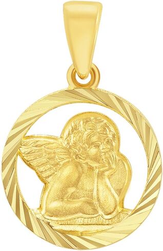 14k Yellow Gold Textured Open Round Guardian Angel Pendant in Saudi Arabia