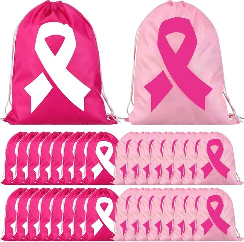 Windyun 36 Pcs Breast Cancer Awareness Pink Drawstring Bags Bulk Pink Ribbon Drawstring Backpack Breast Cancer Awareness Bulk Items for Breast Cancer Charity Event Party Favors Sports Gift Travel in Saudi Arabia