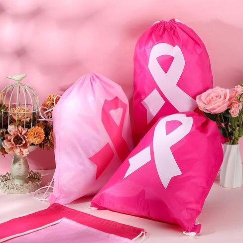 Windyun 36 Pcs Breast Cancer Awareness Pink Drawstring Bags Bulk Pink Ribbon Drawstring Backpack Breast Cancer Awareness Bulk Items for Breast Cancer Charity Event Party Favors Sports Gift Travel in Saudi Arabia
