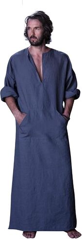 7 VEILS Men’s Natural Linen Robe Casual Caftan Cotton Thobe V Neck Long Gown Kaftan Nightshirt Loungewear… in Saudi Arabia