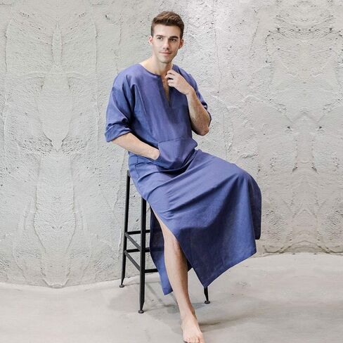 7 VEILS Men’s Natural Linen Robe Casual Caftan Cotton Thobe V Neck Long Gown Kaftan Nightshirt Loungewear… in Saudi Arabia