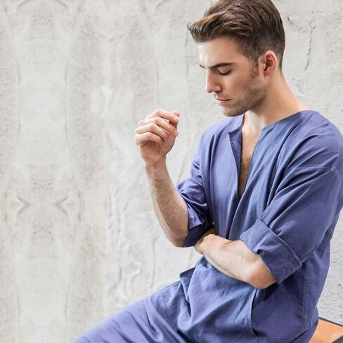 7 VEILS Men’s Natural Linen Robe Casual Caftan Cotton Thobe V Neck Long Gown Kaftan Nightshirt Loungewear… in Saudi Arabia