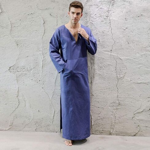 7 VEILS Men’s Natural Linen Robe Casual Caftan Cotton Thobe V Neck Long Gown Kaftan Nightshirt Loungewear… in Saudi Arabia