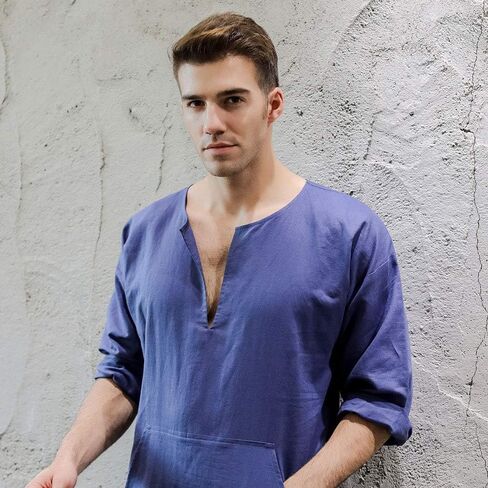 7 VEILS Men’s Natural Linen Robe Casual Caftan Cotton Thobe V Neck Long Gown Kaftan Nightshirt Loungewear… in Saudi Arabia