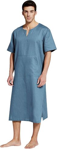 7 VEILS Men’s Natural Linen Robe Casual Caftan Cotton Thobe V Neck Long Gown Kaftan Nightshirt Loungewear… in Saudi Arabia