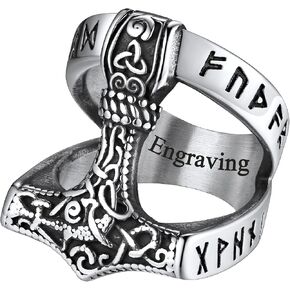 مجوهرات FaithHeart Norse Viking للرجال من الفولاذ المقاوم للصدأ الفايكنج ثور المطرقة/خاتم رأس الذئب فالكنوت المحارب المجوهرات القوطية - نقش شخصي in Kuwait
