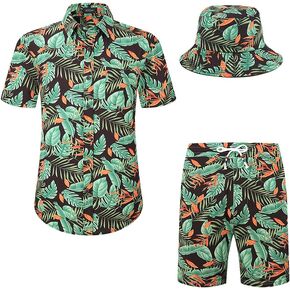 MCEDAR Men's Hawaiian Shirt and Short 2 Piece Vacation Outfits Sets Casual Button Down Beach Floral Suits with Bucket Hats