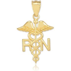 American Heroes Certified 10K Yellow, White, or Rose Gold Caduceus RN Charm Registered Nurse Pendant - Choice of Metal